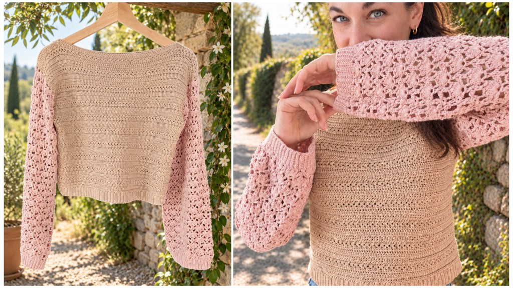 romantic crochet sweater airy sleeves free pattern by trishagurumi
